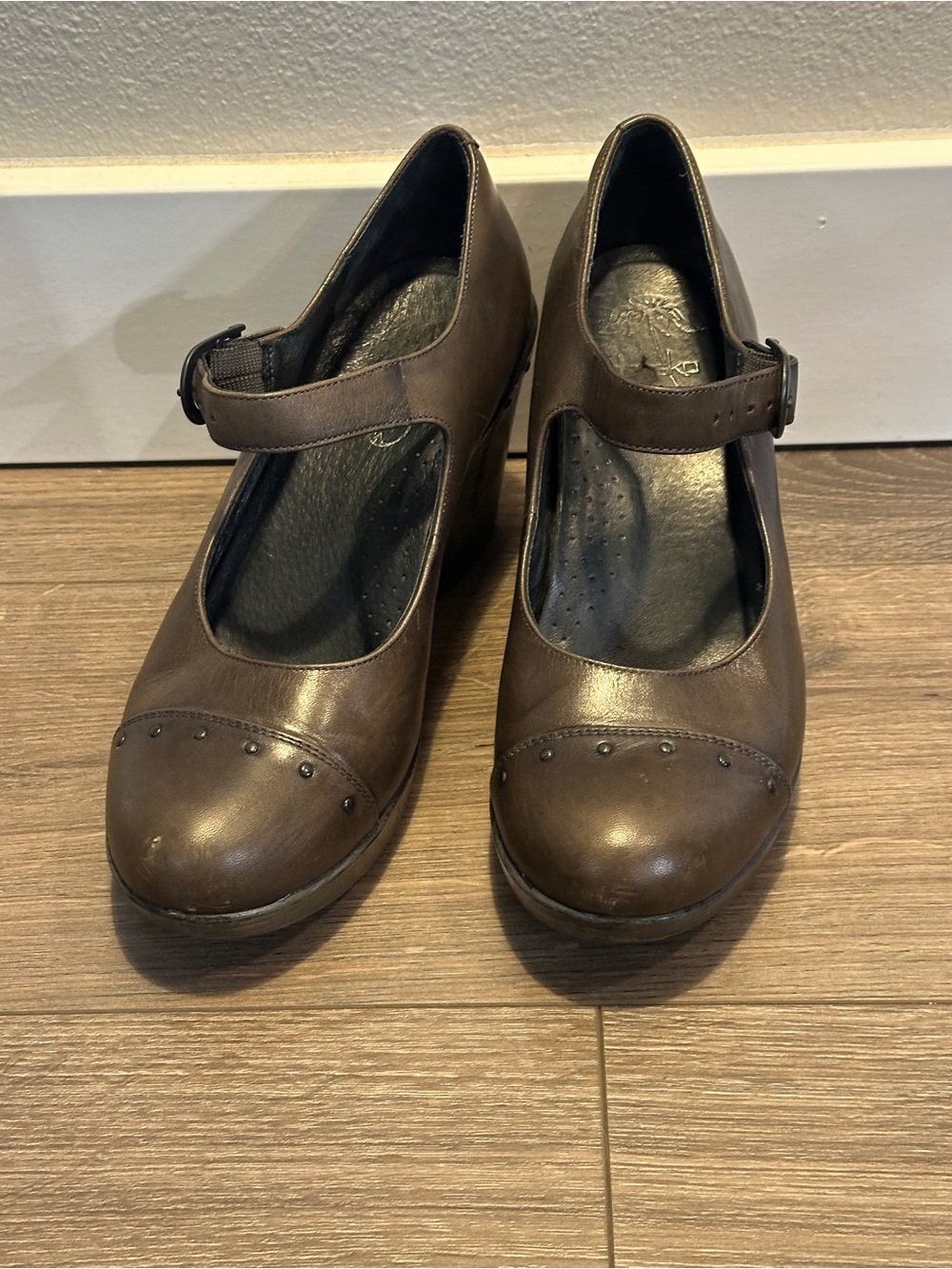 Dansko Brown Leather Mary Jane Heels with Stud Detail